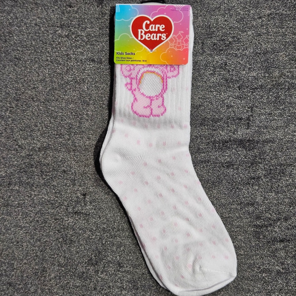 Care Bears Kids White Pink Polka Dot Crew Socks Shoe Size 10-4 New